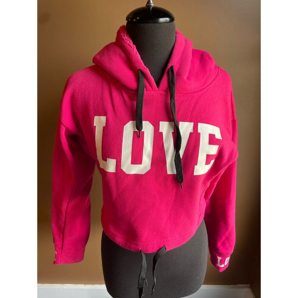 Women's Size Small Pink LOVE Fleece Cropped Hoodie Comfy Cute GUC